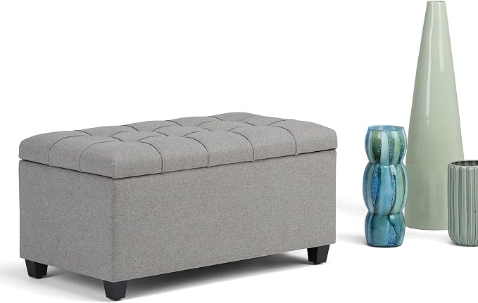 SIMPLIHOME Shiloh 48" Wide Vegan Leather Ottoman in Chestnut Brown | Transitional ottoman with tufting and lift-up lid; rectangle storage bench for living room or entryway.