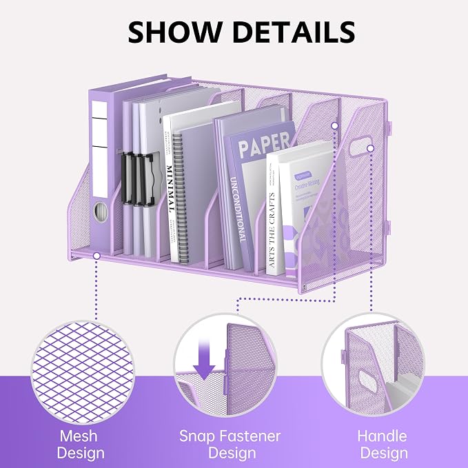 SUPEASY Binder Organizer, Magazine File Holder with 5 Vertical Rack, Purple | Metal Desk File Organizer & Binder Holders, Magazine Organizers for Office Desktop, Home, School, Classroom