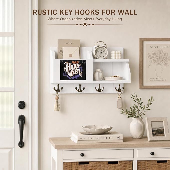 Rebee Vision Key Holder Wall Mount with Mail Organizer for Entryway, White | Key Holder for Wall, 4 Key Hooks, Floating Shelf, Home Decor, Mail Sorter, Key Hanger, with Chalkboard, Apartment Essential