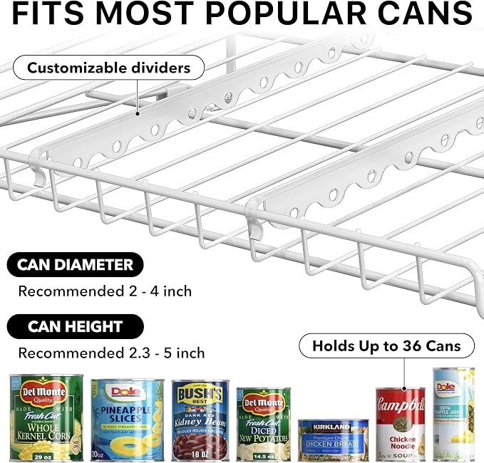 Simple Houseware 3-Tier Stackable Can Organizer Rack Hold 36 Cans, White | Can Food Storage Dispenser for Pantry/Cabinet, Adjustable Dividers – 11.5" D x 17" W x 13.75" H