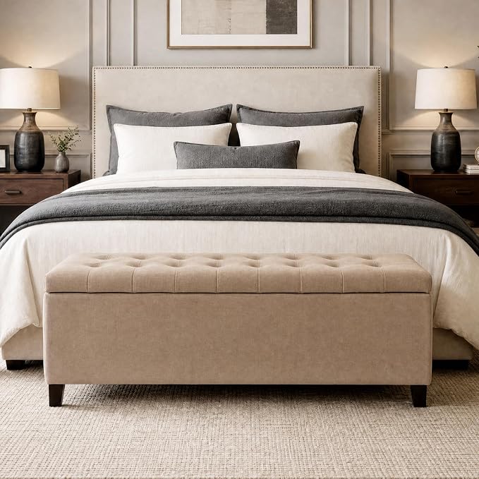 Madison Park 49" Upholstered Storage Bench, Button Tufted End of Bed Bench with Storage, Dual Spring Soft-Close Lid, Bedroom Bench for Queen King Bed, Entryway Living Room, Sand