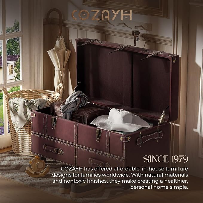 COZAYH Vintage Storage Ottoman Bench, Dark Magenta | Faux Leather, Wood Frame, 31.5x15.75x17.25 in, 250 lb Capacity, Hinged Lid, 2 Latches, Side Handles