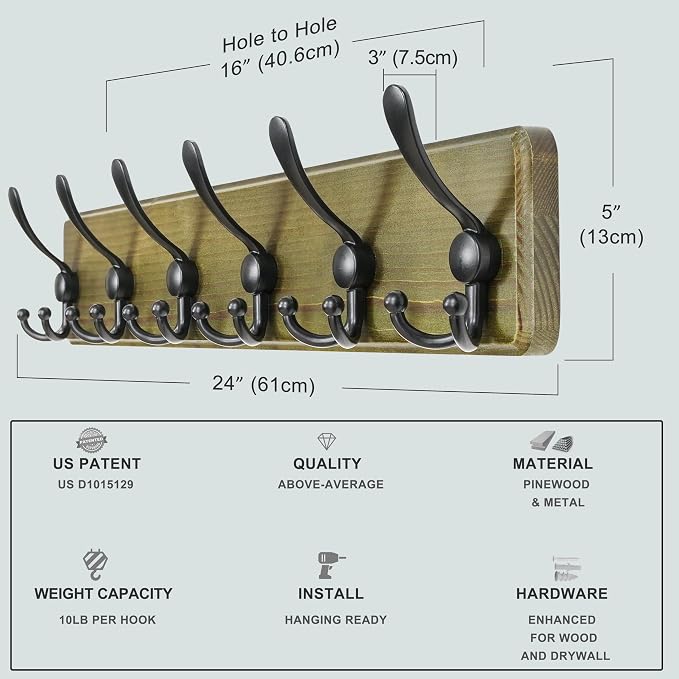 Coat Rack Wall Mounted - 24" Long 6 Tri Hooks, Heavy Duty Wooden Wall Coat Hanger Coat Hook for Clothes Hat Jacket Clothing, Weathered Green and Black, Pack of 2