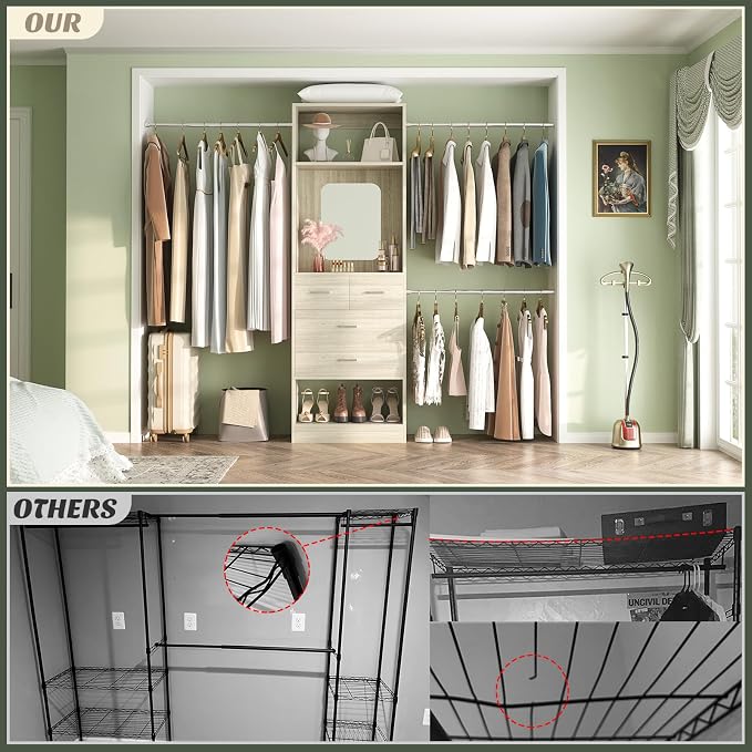 Unikito 8FT Closet System with Mirror and 3 Extendable Hanging Rods | 96 Inch Walk-in Closet Organizer with 25" Tower, 4 Wood Drawers, Customizable and Sturdy Closet Insert, White Oak