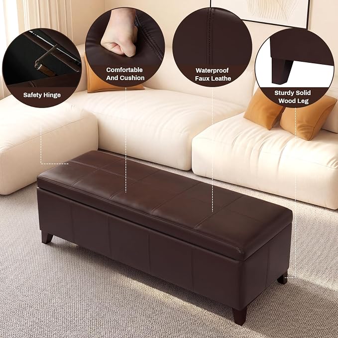 51" Coffee Brown Faux Leather Storage Ottoman | Foot Rest with Hinged Lid, Long Rectangle Bed Bench for Living Room, Bedroom, Entryway