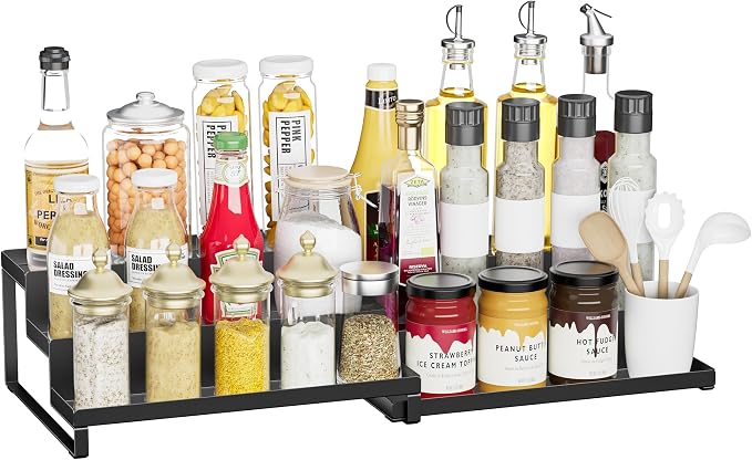 BOIVSHI Spice Rack Organizer for Cabinet, Spices Neatly Organized | Expandable Spice Rack, Metal Spicy Shelf, 3 Tier Seasoning Organizer for Cabinet, Countertop, Pantry, Black