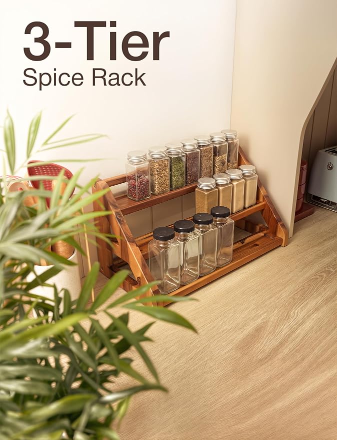 Tinamo Acacia Wood Spice Rack for Countertop - Wooden Tray Holds 24 Jars Spice Racks Organizer for Storage Shelf - 3 Tiered Spice Rack Organizer for Cabinet - Spice Shelf for Kitchen Pantry (Acacia) | Acacia Wood, 3-tier Spacious Design for 24 Spice Ja...