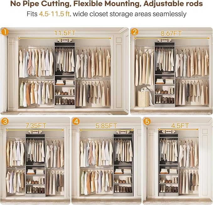 Closet System, 4.5-11.5 Ft Expandable Closet Organizer, Gray | 5 Hanging Rods, Walk-in Wood Closet Organizer System with Storage Tower, Heavy Duty Garment Rack Wardrobe for Bedroom