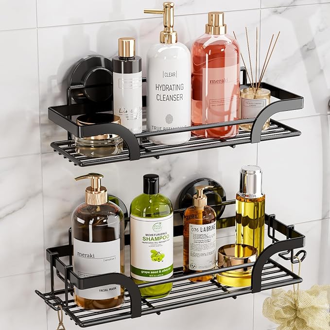 LEVERLOC Shower Caddy Suction Cup, 2 Pack Shower Shelves for Inside, Black | Metal Bathroom Storage, NO-Drilling Bathroom Organizer, Heavy Duty Shower Basket