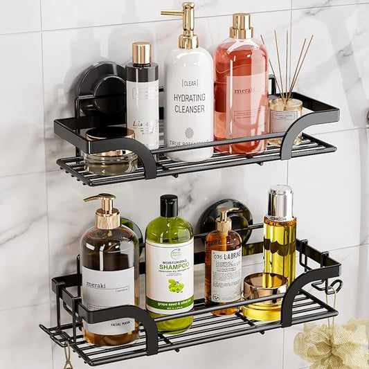 LEVERLOC Shower Caddy Suction Cup, 2 Pack Shower Shelves for Inside, Black | Metal Bathroom Storage, NO-Drilling Bathroom Organizer, Heavy Duty Shower Basket