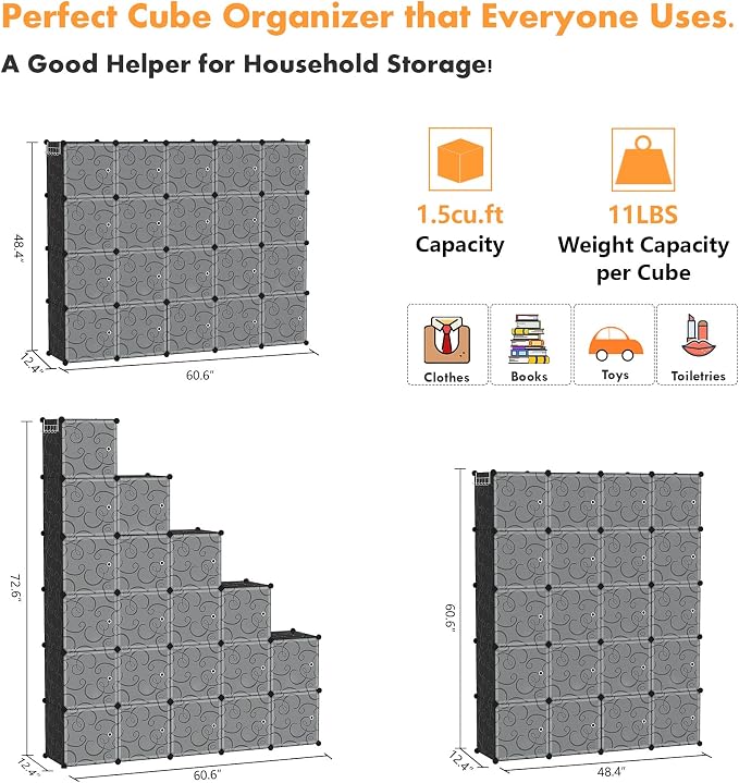 C&AHOME 20-Cube Storage Organizer with Door Platic Closet Organizer Black | Modular Bookshelf, Storage Shelving, Portable Shelves Organizing Units Ideal for Bedroom, Home 48.4" L × 12.4" W × 60.6" H
