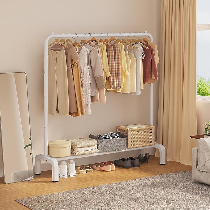 Metal Clothing Rack, 43.3 Inches Clothes Garment Coat Rack with Bottom Shelf for Hanging Skirts, Shirts, Sweaters, White | Metal 43.3 Inches Garment Rack Clothing Clothes Rack with Bottom Shelf for Hanging Clothes Coats Skirts Shirts Sweaters White
