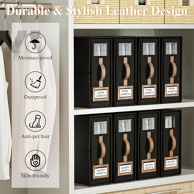 8 Pack Foldable Bed Sheets Set Organizers and Storage(King & Queen Size),Linen Fabric Closet Organizers with Window,Folding Bedding Storage Box for Bedsheets and Pillow Cube Organizer-Black