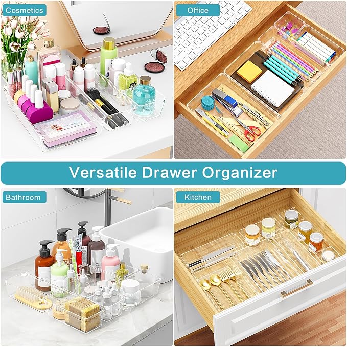 Manalete Drawer Organizers Set of 12, 4 Sizes Clear Plastic Drawer Organizers and Storage Bins for Kitchen, Bathroom, Office, Dresser Desk Drawer Organizer Tray for Jewelry, Makeup, Junk, Gadgets