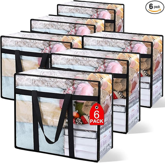 6Pack Clear Blanket Storage Bags Comforter Clothes Storage Moving Bag, 40L | Vinyl Material Reinforced Handle for Bedding, Clothing, Comforters, Pillows, Toys, Closet Organizers and Storage Containers