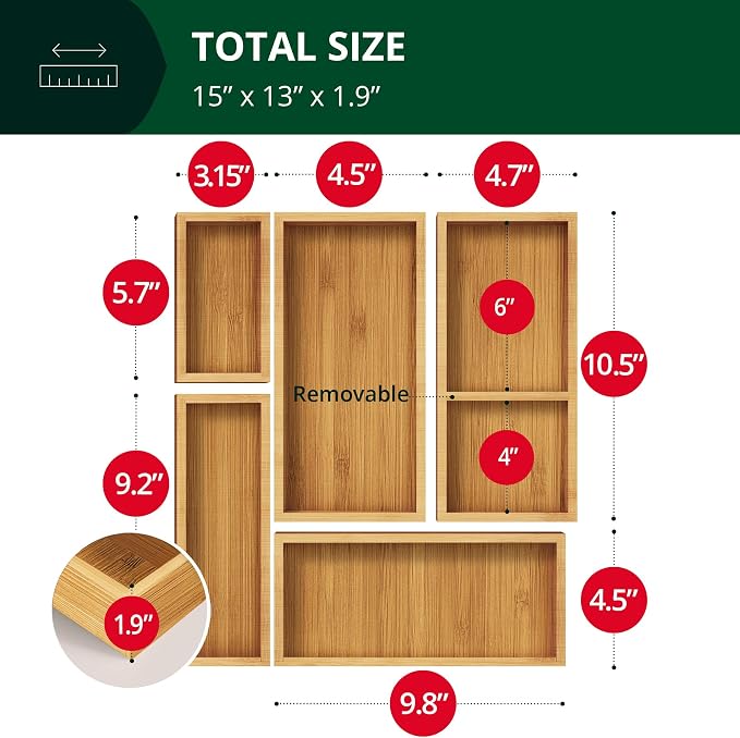 ROYAL CRAFT WOOD Premium Carbonized Bamboo Decorative Boxes - Drawer Organizer Set (5-Piece) – Wood Storage Boxes for Kitchen, Bathroom, Office & Makeup