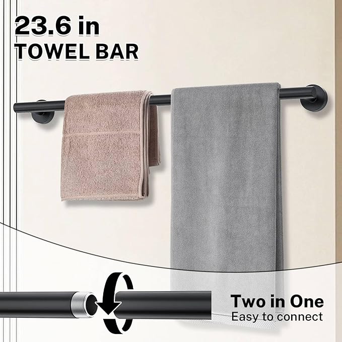 Matte Black Towel Bar Set 5-Piece Bathroom Hardware Accessories Set Includes 23.6in Towel Bar-Round Towel Ring-Toilet Paper Holder-Towel Hooks Stainless Steel Wall Mount Bathroom Towel Holder Set