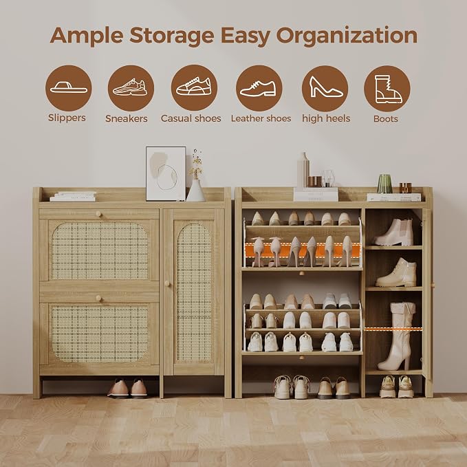 Shoe Cabinet Storage for Entryway with 2 Flip Drawers(3-Tier), Rattan Freestanding with Door & 3 Adjustable Shelve,Hidden Shoe Rack Organizer for Hallway, Foyer