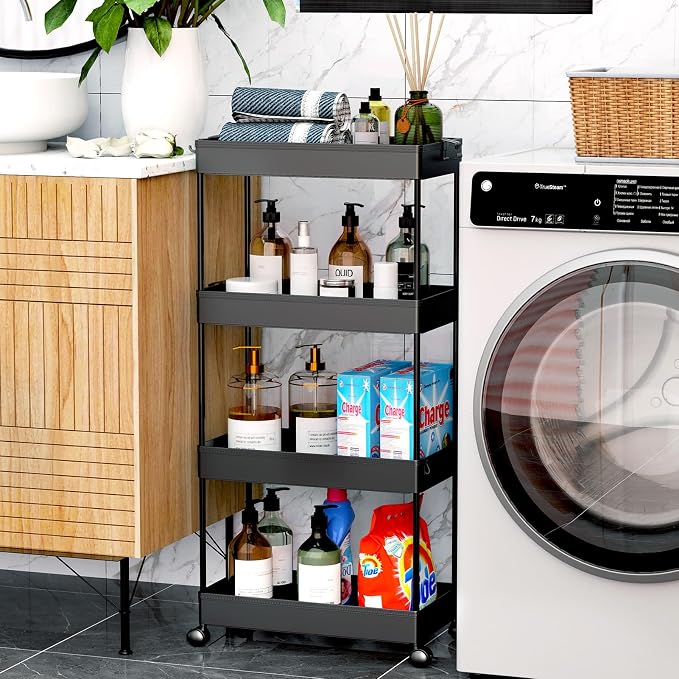 SPACEKEEPER Storage Cart 4-Tier, Bathroom Rolling Cart Utility Storage Organizer Shelf Mobile Shelving Unit for Kitchen Living Room Bathroom Laundry Room & Dressers, Black | Mobile Storage Cart for Laundry Room Organization,Kitchen,Office,Bathroom, Uti...