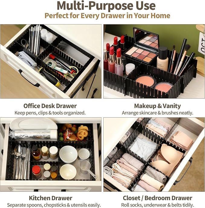 Drawer Divider Adjustable Diy Storage Organizer Separator for Tidying Clutter Cutlery Makeup Clothes of Dresses, Desk & Box in Kitchen Bathroom Bedroom Office (Cut at Will) (Black 8pcs)