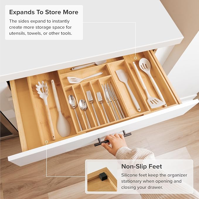 KitchenEdge Silverware & Utensil Drawer Organizer, 16-28 in, Bamboo | Cutlery, flatware, food-safe contract grade, kitchen drawer fit