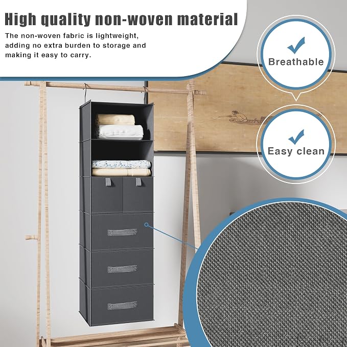 6-Shelf Hanging Closet Organizer with 5 Drawers, Non-Woven, Dark Gray | Spacious compartments sort clothes & undergarments; foldable drawers add hidden storage for closets, wardrobes or RVs.