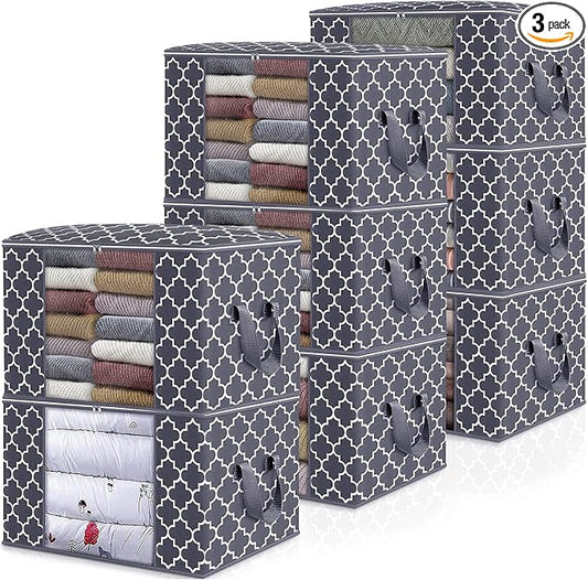 WISELIFE Storage Bags, Large Blanket Clothes Organization and Storage Containers for Bedding, Comforters, Foldable Organizer with Reinforced Handle, Clear Window,Sturdy Zippers,(Grey, 8 x 100L)