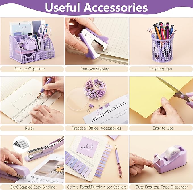 Fayoo 15 Pcs Purple Office Supplies Set Mesh Desk Organizer Accessories Kit | Include Stapler, Tape Dispenser, Staple Remover, Clips, Ruler, Scissors, Sticky Notes, for Office, School, Home, Women