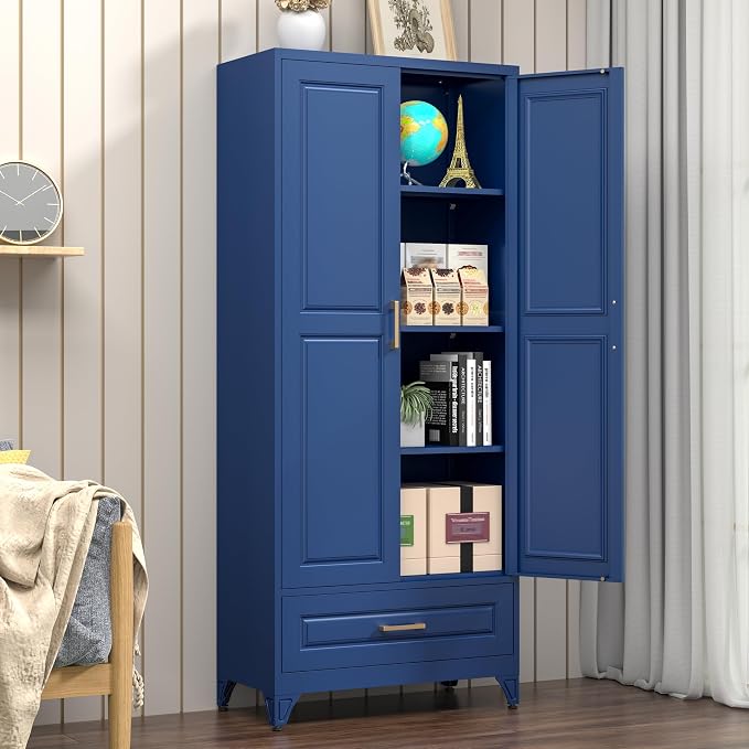 Polup 75" Metal Storage Cabinet, Tall Kitchen Pantry Cabinet with 1 Drawer | Blue Heavy-Duty Steel Cupboard, 2 Doors, 3 Adjustable Shelves, Magnetic Latch, Gold Handles, for Dining Living Room, Laundry