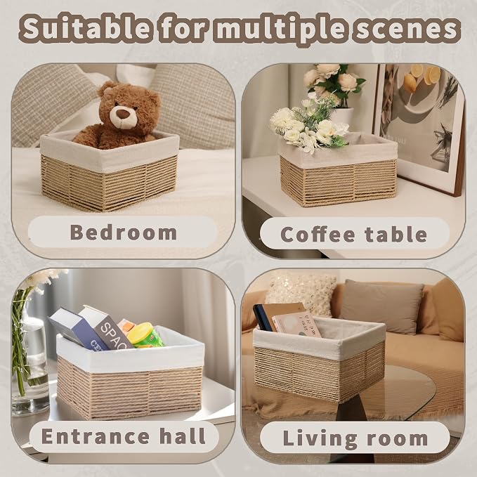GYASVWU Hand-Woven Paper Rope Storage Baskets,Rectangular Wicker Baskets for Organizing,Decorative Woven Basket for Storage,Shelf Basket for Living Room,Storage Baskets for Pantry (Beige - Small)