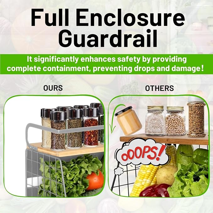 Magnetic Fridge Shelf with Wood Lid, Fruit Potato Onion Storage Bins, Pantry Organizers, Large Container Spice Rack for Refrigerator, Kitchen Counter, Cabinet (2, Silver)