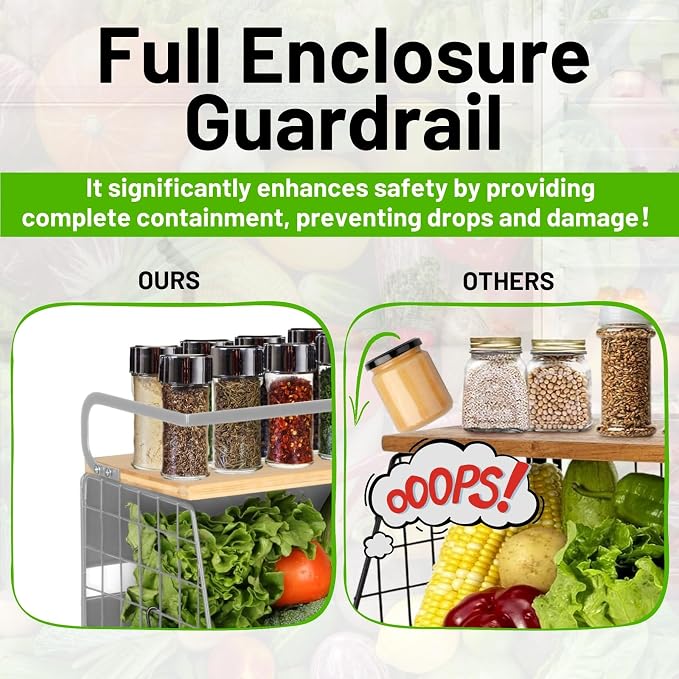 Magnetic Fridge Shelf with Wood Lid, Fruit Potato Onion Storage Bins, Pantry Organizers, Large Container Spice Rack for Refrigerator, Kitchen Counter, Cabinet (1, Silver)