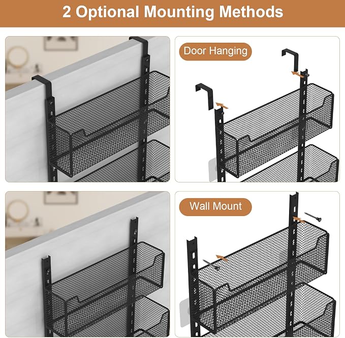 VyGrow Over The Door Organizer, 8-tier Metal Door Organizer Hanging with Adjustable Baskets, Behind The Door Storage for Bedroom Closet Bathroom Pantry Cabinet Kitchen, Black
