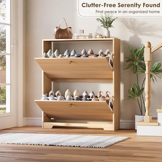 Nicetree Shoe Storage Cabinet with 2 Flip Drawers, Slim Shoe Cabinet, Hidden Shoe Rack Cabinet, Shoe Storage Cabinet for Entryway, Hallway, Foyer, Natural Oak