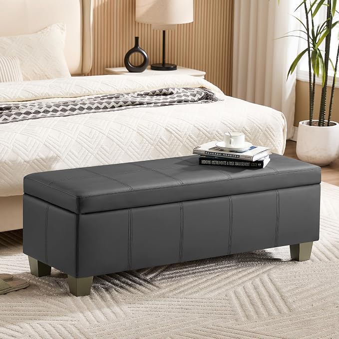 WUTUTUEE 51" Faux Leather Storage Ottoman, Stitch Tufted Rectangle Upholstered End of Bed Storage Bench, Entryway Large Couch Ottoman with Wooden Legs,Dark Grey