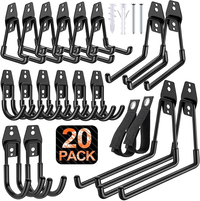 MKRUI 20-Pack Garage Hooks for Storage & Hanging Items, Save Space | Hangs Bikes, Ladders, Ropes, Hoses, Tools; for Garage, Warehouse, Shop, Shed, Yard