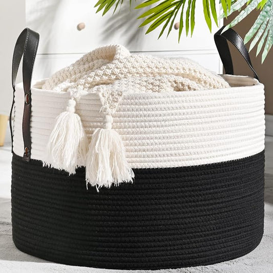 KAKAMAY Large Blanket Basket (20"x13"),Woven Baskets for storage Baby Laundry Hamper, Cotton Rope Blanket Basket for Living Room, Laundry, Nursery, Pillows, Baby Toy chest (White/Black) | Extra Large Capacity | Natural Cotton Rope | Blanket Storage | W...