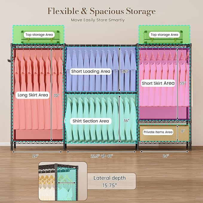 Golpart Heavy Duty Clothing Rack with Adjustable Shelves Clothes Wardrobe | Coat Rack Metal Closet Organizer and Storage Garment Rack for Hanging Clothes Wire Portable Cloth System Free Standing Black