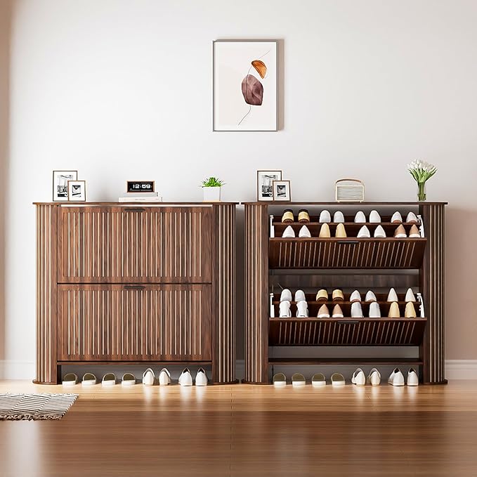 Narrow Shoe Storage Cabinet for Entryway, Slim Fluted Shoe Cabinet with 2 Flip Drawers, Wood Hidden Shoe Rack Organizer for Entry Way, Entrance, Foyer, Hallway, Walnut, Wooden, Thin