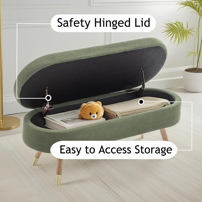 IAFIKE Oval Storage Bench 43.5" Ottoman Bench Upholstered Boucle Fabric Footrest Bench with Golden Metal Legs End of Bed for Bedroom, Living Room, Entryway,Bed Side (Dark Green)