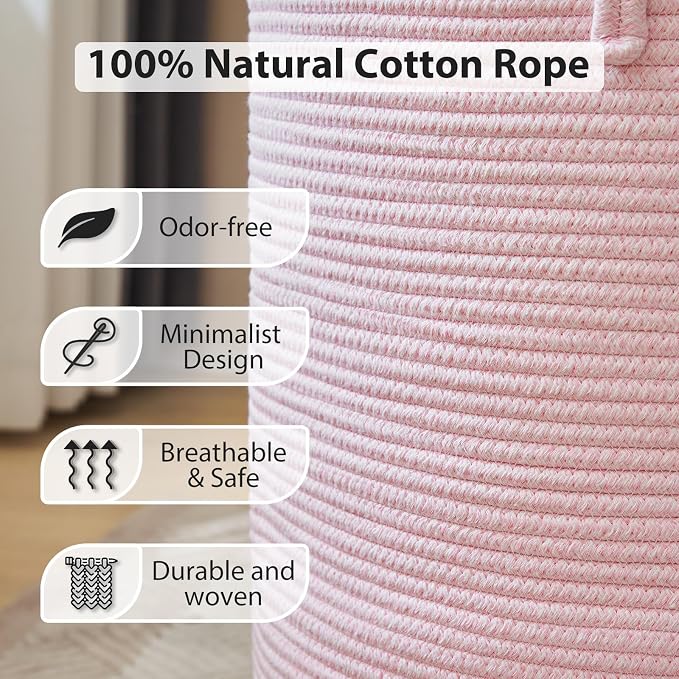 YOUDENOVA Cotton Rope Laundry Hamper Basket, 58L Blanket Basket for Nursery | Large Woven Laundry Hamper with Sturdy Handles, Collapsible Home Decor Laundry Basket for Laundry, Clothes, Toys in Bedroom
