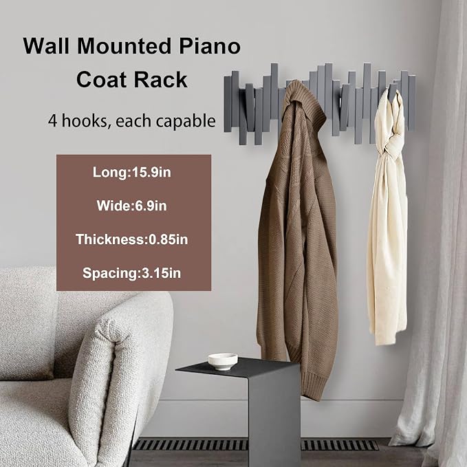 MinBoo Bamboo Multi Hook Coat Rack Modern, Unique, Space-Saving Coat Hanger with 4 Flip-Down Hooks for Hanging Scarves, Key, Hat, Umbrella and More, Gray