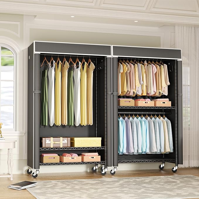 Black Clothing Rack with Dark Gray Cover, P1C Rolling Closets with Wheels, Metal Garment Rack for Hanging Clothes, Clothing Storage Wardrobe, 36.2" W x 16.5" D x 80.5" H, Load 450 Pounds