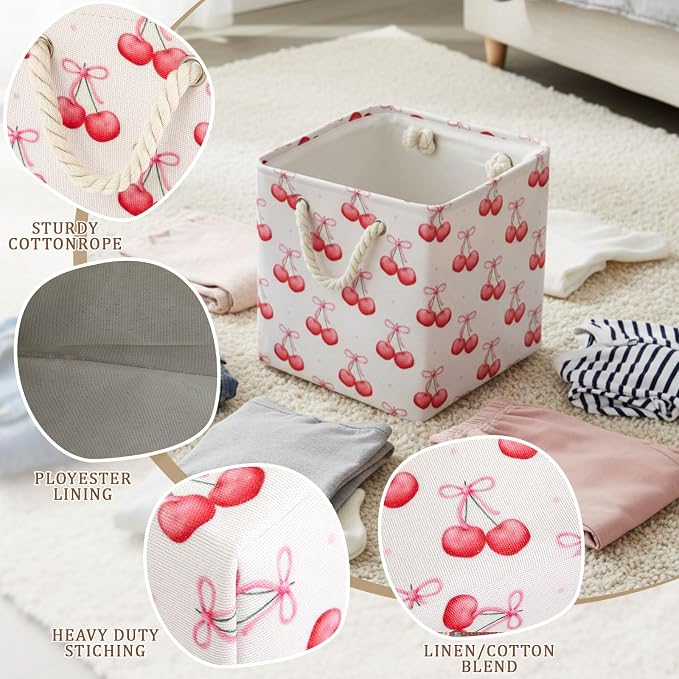 Geiserailie 6 Pcs 11 x 11 Inch Cube Storage Bins Fabric Storage Organizer Bins Foldable Cube Baskets with Sturdy Carry Handles Wicker Baskets for Home (Pink Bow)