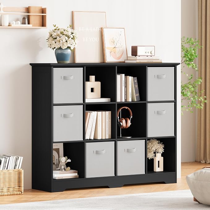 12 Cube Storage Organizer Shelf, Wood Cubby Storage with 6 Fabric Drawers | 3 Tier Wooden Bookshelf with 2 Adjustable Shelves, Fluted Side Panels Bookcase for Records, Books, Ornaments