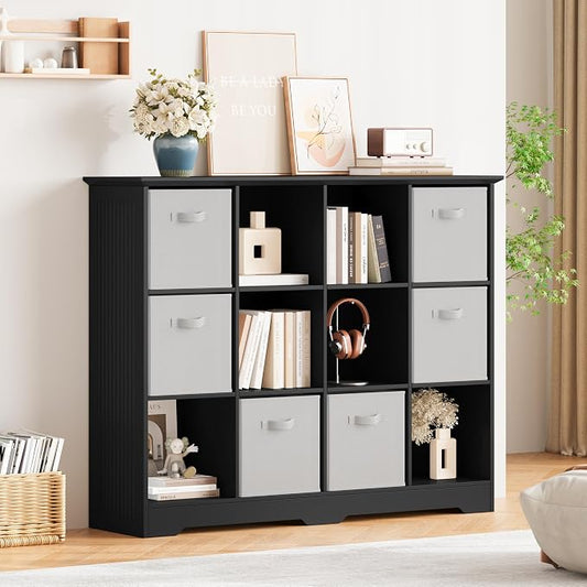 12 Cube Storage Organizer Shelf, Wood Cubby Storage with 6 Fabric Drawers | 3 Tier Wooden Bookshelf with 2 Adjustable Shelves, Fluted Side Panels Bookcase for Records, Books, Ornaments