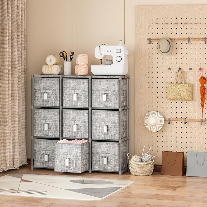 9 Cube Closet Organizer + 9 Bins + Labels | Adjustable Modular Storage Shelf, Beautiful Printed Cubby Organizer, Large Capacity, Living Room, Dorm, Yarn