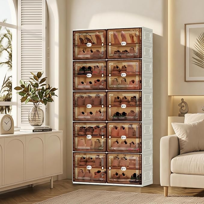 Foldable Shoe Cabinet with Magnetic Clear Doors, Wide Design Shoe Rack for Entryway, Portable Shoe Organizer Meeting Diverse Storage Needs (White, 2Row 10Tier)