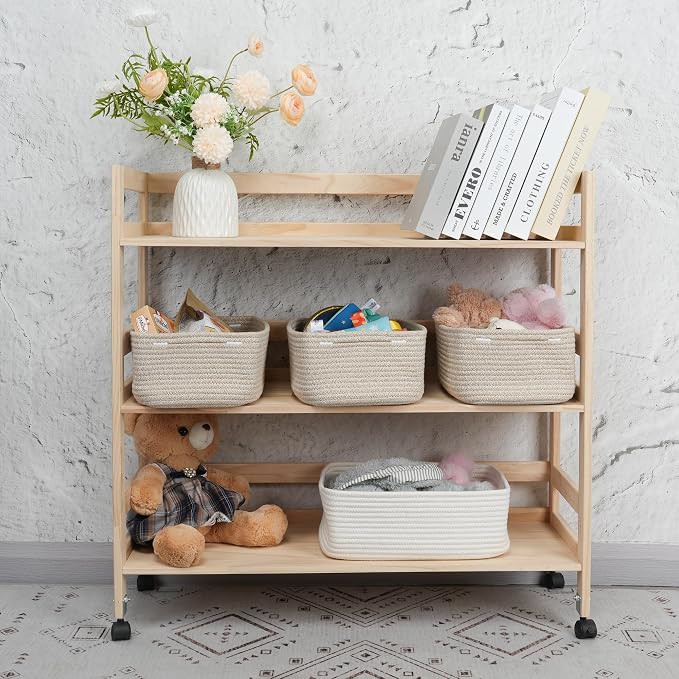 XUANGUO Small Woven Storage Baskets for Shelves, 13" x 9" x 5", Oatmeal | Decorative rope storage bins for closets and toy storage; cute organizer baskets, empty gift baskets and nursery storage.