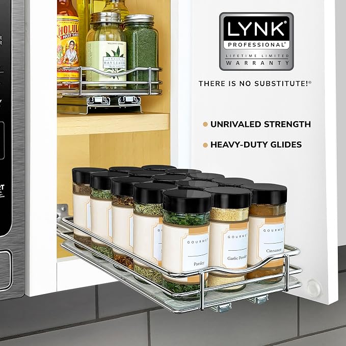 LYNK PROFESSIONAL® Pull Out Spice Organization for Cabinets - 6-3/8 inch Wide – Spice Rack for Inside Cabinets, Slide Out Spice Rack Organizer for cabinet – Pull Out Spice Rack, Sliding 1 Tier Chrome